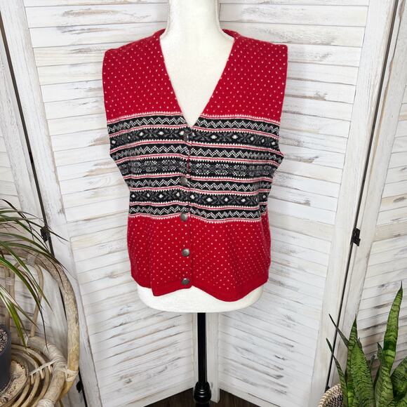 EDDIE BAUER VINTAGE Women's Nordic Fair Isle Sweater Vest Lambswool Red Gray Med - Picture 2 of 14
